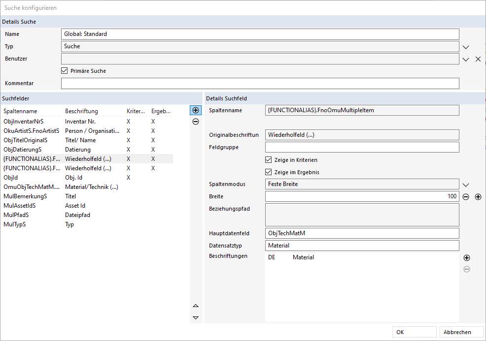 Konfiguration von Wiederholfeldern für die Suche