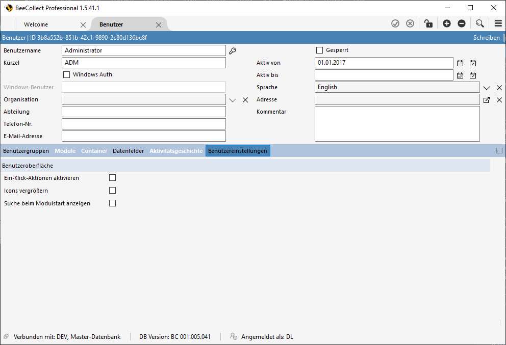 Benutzereinstellungen im Modul "Benutzer"